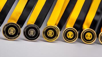 Close-up view of multiple gold medals with black and yellow ribbons arranged neatly on a surface photo
