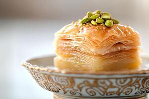 Delicate layers of crisp phyllo pastry create a warm piece of pistachio baklava, glistening with honey, served on an intricately designed ceramic dish with a soft background photo