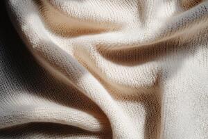 Tightly woven beige knitted fabric displays soft folds, partially shaded in deep black, creating a moody atmosphere with elegance and texture in focus photo
