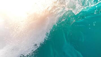 Close-up view of ocean waves crashing with sunlight filtering through, creating a serene atmosphere photo