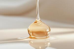 A golden drop of facial oil gracefully glides onto smooth skin, creating a soft, natural glow that highlights deep hydration and nourishment for a radiant complexion photo