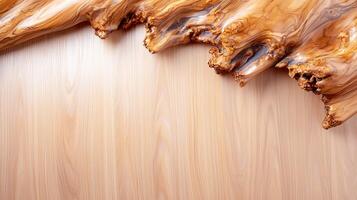 Close-up view of polished wood surface with unique grain patterns and textures, ideal for design photo