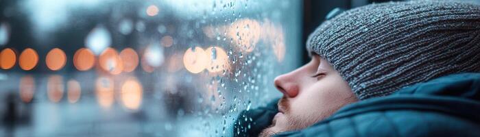 A passenger sleeps peacefully against an airport window, surrounded by a blurred view of raindrops and city lights. The moment evokes a sense of calm and introspection photo
