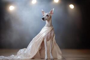 A sleek greyhound confidently stands on a high-fashion runway, draped in a flowing silk gown adorned with diamond embellishments. Dramatic spotlights create a luxurious ambiance photo