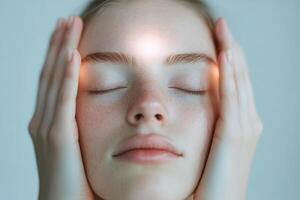 A person with closed eyes experiences calm as soft, glowing hands cradle their forehead, embodying compassion and relief from discomfort photo