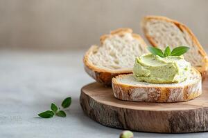 A golden slice of warm, crusty bread is spread generously with smooth pistachio butter, resting on a rustic wooden board. Softly blurred textures create a cozy atmosphere photo