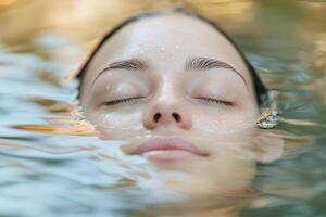 A woman's face is gently resting in calm water, embodying serenity and rejuvenation. Soft focus highlights enhance the sensation of deep hydration and tranquility photo