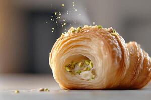 A golden-brown croissant is pulled apart, showcasing its creamy pistachio filling. Wisps of steam rise gently, creating a warm and inviting atmosphere in the background photo