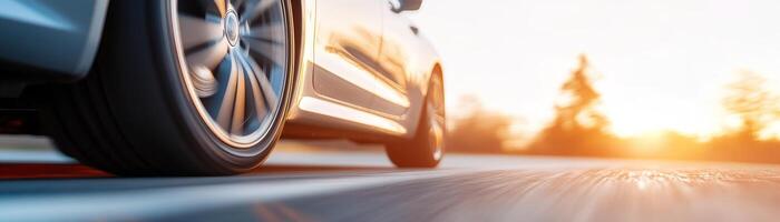 A sleek car glides down an open road under a golden sunset, creating a feeling of speed and tranquility. The sunlight filters through, highlighting the vehicle's design while evoking reliability photo