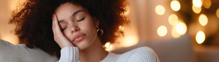 A woman rests on a couch, gently pressing her fingertips to her temples as she closes her eyes in discomfort. The warm-lit background adds a calming atmosphere to the setting photo