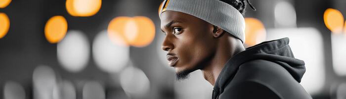 A high-performance athlete focuses intensely during a training session in a luxury gym. The sleek black-and-white composition highlights designer sportswear and soft lighting photo