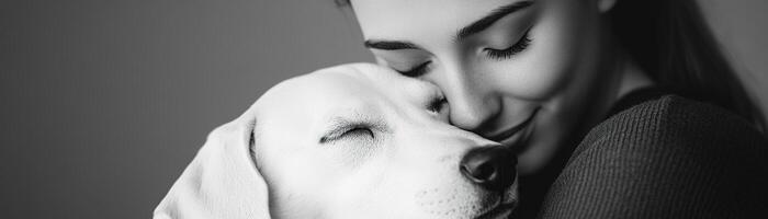 This timeless portrait conveys a touching moment of affection between a woman and her pet, highlighted by soft-focus details and elegant chiaroscuro lighting that evokes a vintage film aesthetic photo