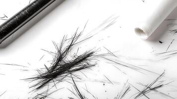 Close-up view of scattered black hair strands on a white surface with a roll of tape photo