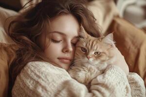 A woman peacefully cradles her cat in a cozy setting, evoking feelings of nostalgia and warmth. The fine-art composition highlights their bond in soft sepia tones photo
