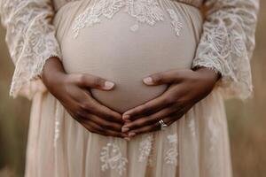 Two hands delicately hold a rounded pregnant belly, showcasing the tender bond between partners. The scene is softly blurred, emphasizing love and connection during this special moment photo