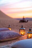 A traveler rides a camel through golden sand dunes at sunset, surrounded by Moroccan-style cushions and glowing lanterns, creating a serene desert atmosphere photo