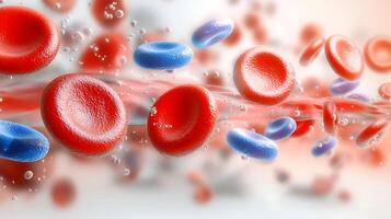 Close-up view of red and blue blood cells flowing through a vessel with bubbles in a scientific setting photo