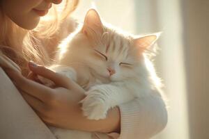 In a sunlit room, a serene young woman tenderly holds her fluffy cat, surrounded by gentle warmth and soft-focus light that enhances the peaceful atmosphere photo