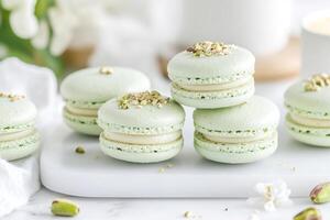 Delicate pastel-green pistachio macarons, lightly dusted with crushed nuts, softly stacked on a white marble tray with gentle natural light enhancing their charm and elegance photo