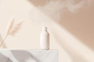 A minimalistic probiotic bottle stands on a white marble pedestal, surrounded by swirling golden mist that conveys an essence of luxury and scientific worthiness, illuminating the design's elegance photo