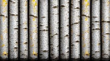 Close-up view of textured birch bark with yellow lichen on a wooden surface photo