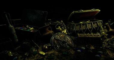 Treasure trove filled with ancient artifacts and gold coins in dark setting video