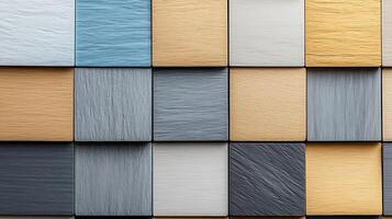 Close-up view of textured tiles in various colors arranged in a grid pattern, showcasing design elements photo