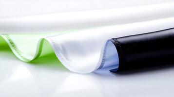 Close-up view of three fabric swatches in green, white, and black arranged elegantly on a surface photo