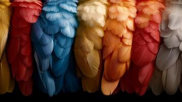 Close-up view of vibrant bird feathers in a spectrum of colors against a dark background photo