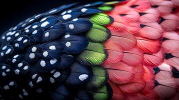 Close-up view of vibrant bird feathers showcasing intricate patterns and colors in nature photo