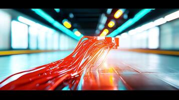 Close-up view of vibrant red cables flowing across a sleek, modern surface in a futuristic setting photo
