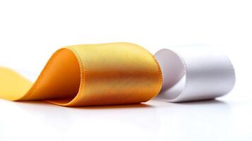 Close-up view of vibrant yellow and white satin ribbons elegantly displayed on a clean surface photo