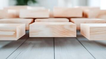 Close-up view of wooden blocks arranged on a floor in a bright, minimalistic interior setting photo