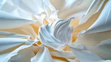 Close-up view of whipped cream texture emerging from torn white paper background, creating a soft, inviting atmosphere photo