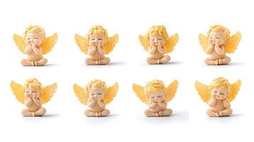 Collection of cherubic figurines with yellow wings, showcasing various playful expressions photo
