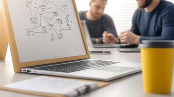 Collaborative brainstorming session with digital devices and a coffee cup in a bright workspace photo