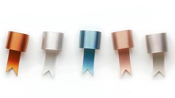 Collection of colorful decorative ribbons arranged neatly on a white background for crafting photo