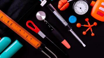 Collection of colorful tools and instruments arranged on a black background for educational purposes photo