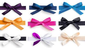 Collection of Colorful Satin Ribbons Tied in Bows, Displayed on a White Background for Crafting Use photo
