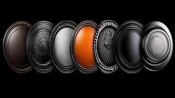 Collection of decorative metal buttons showcasing various textures and finishes on a black background photo