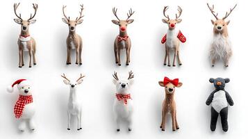 Collection of decorative reindeer figurines in festive attire against a white background photo