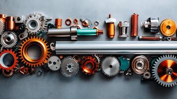 Collection of colorful mechanical gears and components arranged on a gray background photo