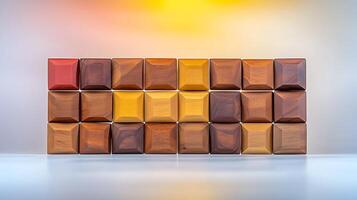 Collection of colorful wooden blocks arranged in a grid pattern on a soft gradient background photo