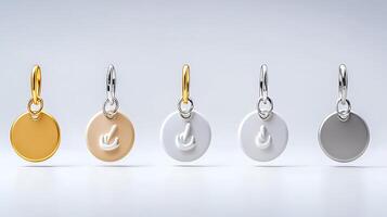 Collection of elegant circular pendants in various finishes displayed on a clean background photo