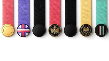 Collection of decorative ribbons with various emblems displayed in a clean, minimalistic layout photo