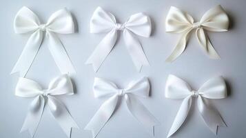Collection of elegant white bows arranged symmetrically on a neutral background for decoration photo