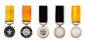 Collection of five distinct medals with colorful ribbons displayed on a white background photo