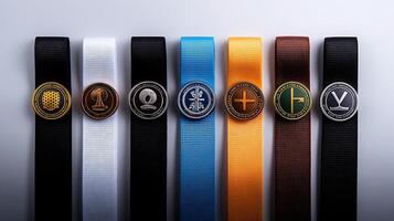 Collection of decorative ribbons with unique emblems displayed on a neutral background photo