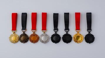 colección de ocho decorativo medallas en varios colores desplegado en un neutral antecedentes foto