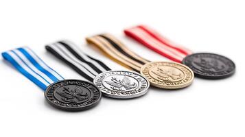 Collection of four medals with distinct colors and ribbons, showcasing achievements in a competitive setting photo